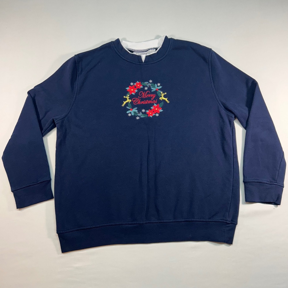 Speculation Merry Christmas Reindeer Wreath Navy Blue Sweatshirt Large L